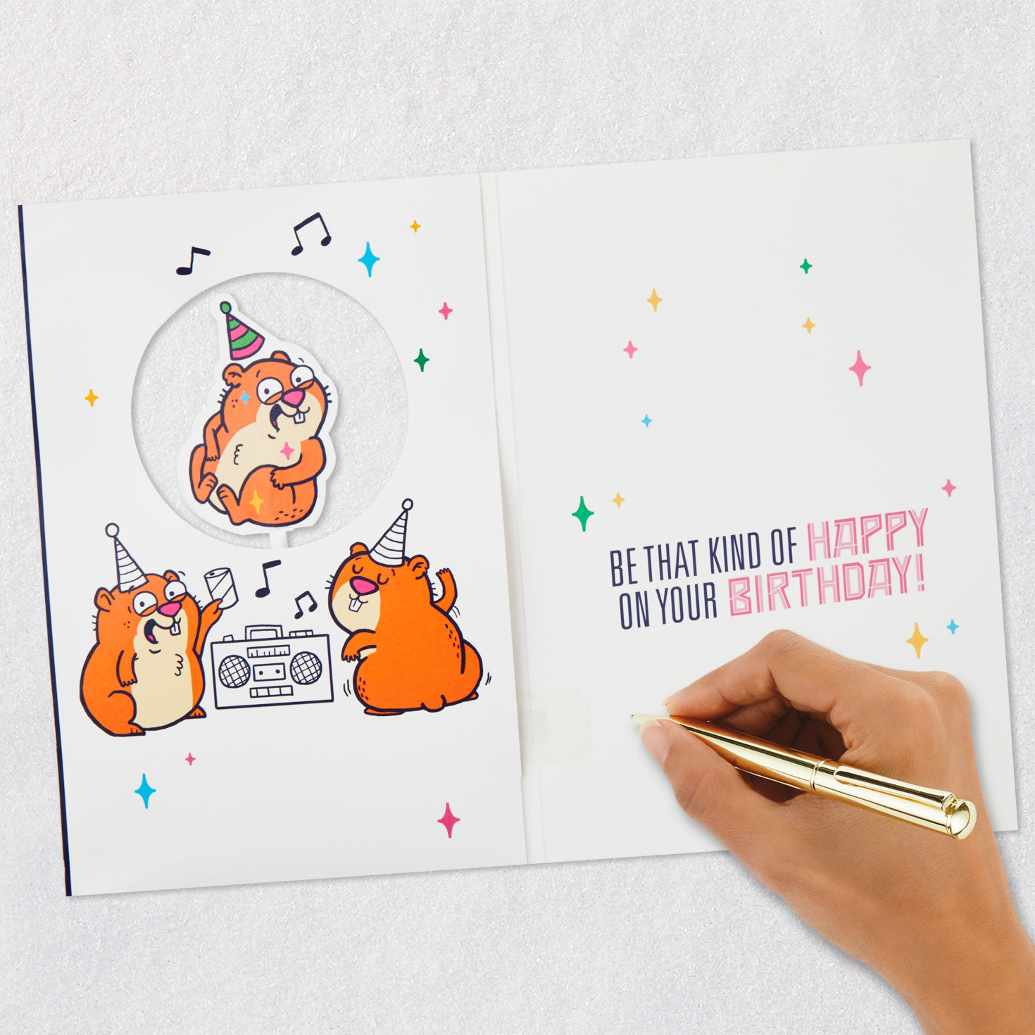 Colorful Lettering and Hamster on Blue Birthday Card Signing card image number 6