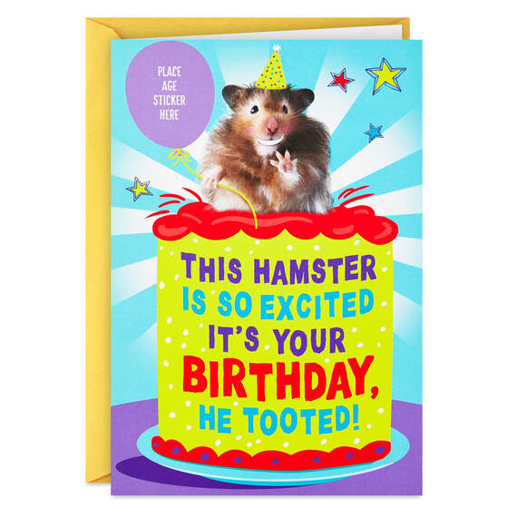 Tooting Hamster Customizable Kids Funny Birthday Card With Age Stickers, , large image number 1