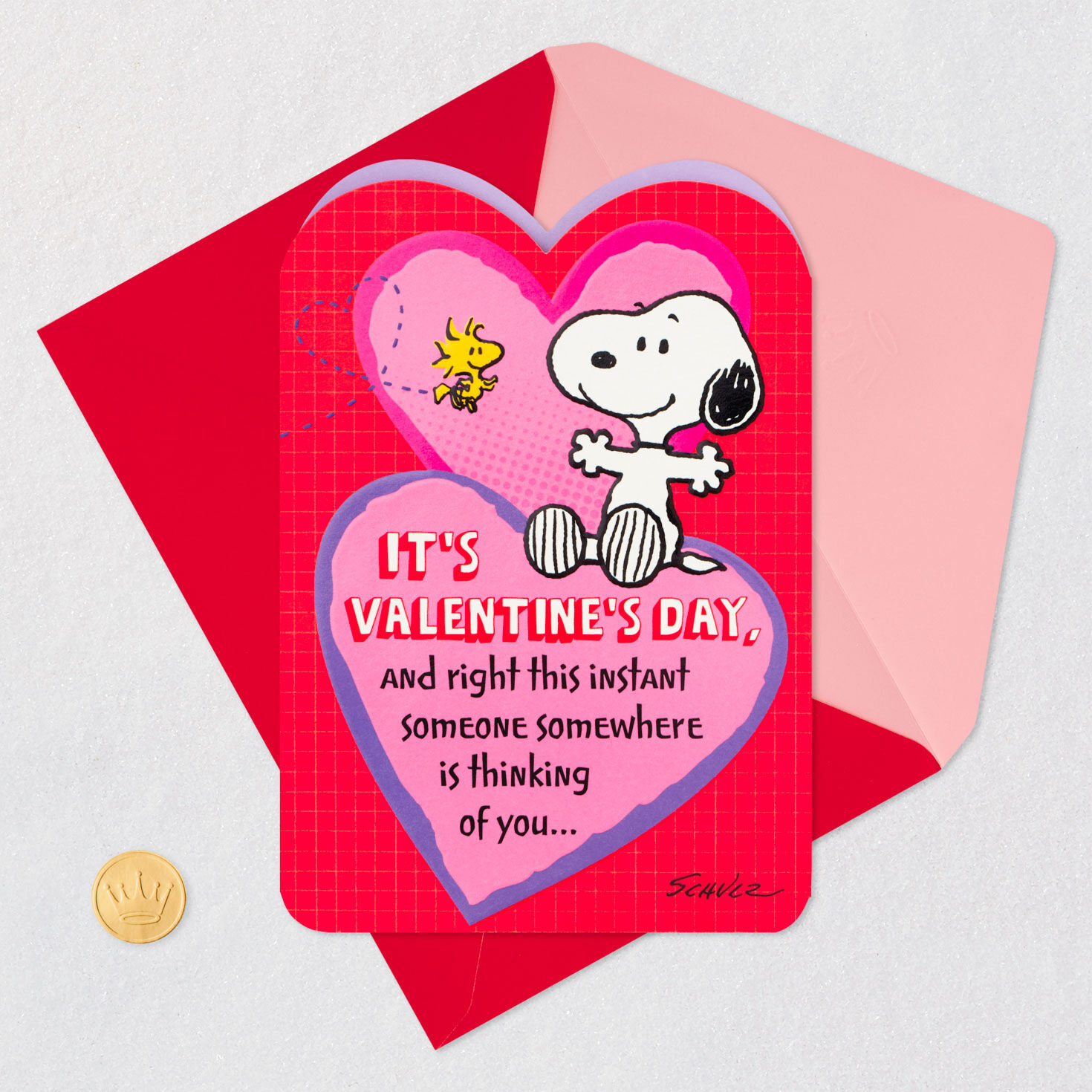 Snoopy and Woodstock Valentine's Day Card Card Front with Envelope and Gold Seal image number 5