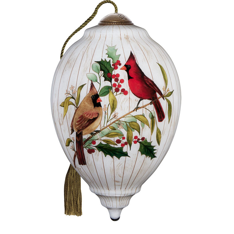 Ne'Qwa Art Happy Holly-Days to You Cardinals Glass Christmas Ornament