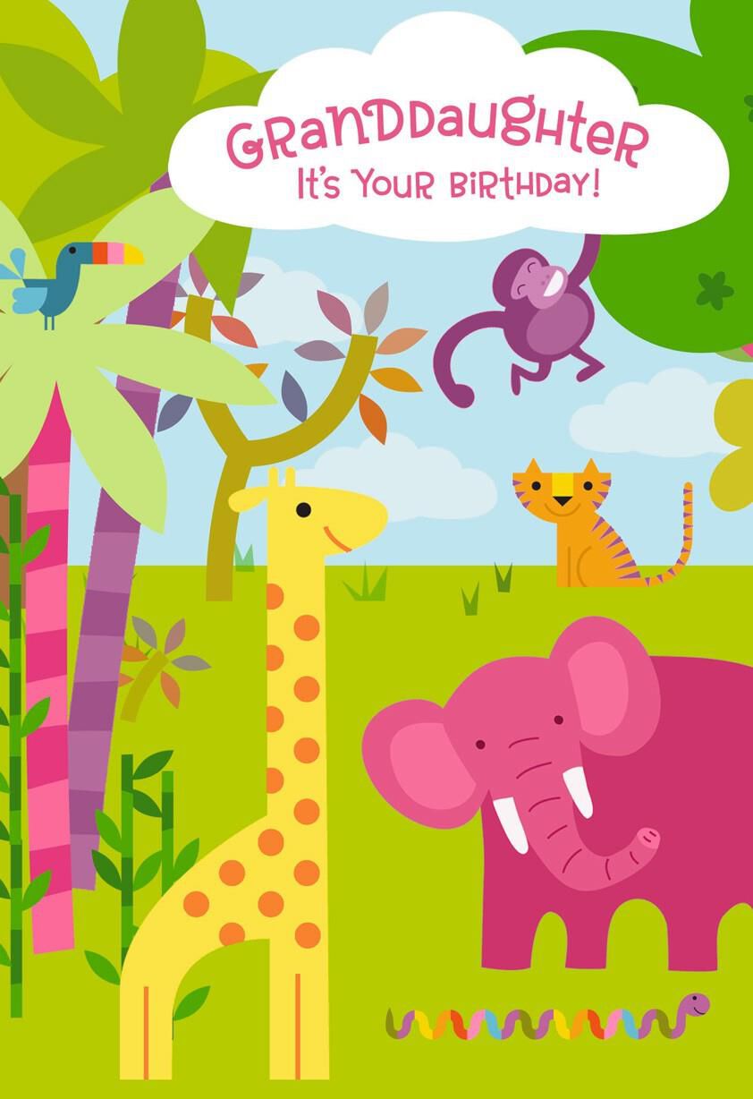 Jungle Animals Birthday Card With Coloring Activity for Granddaughter