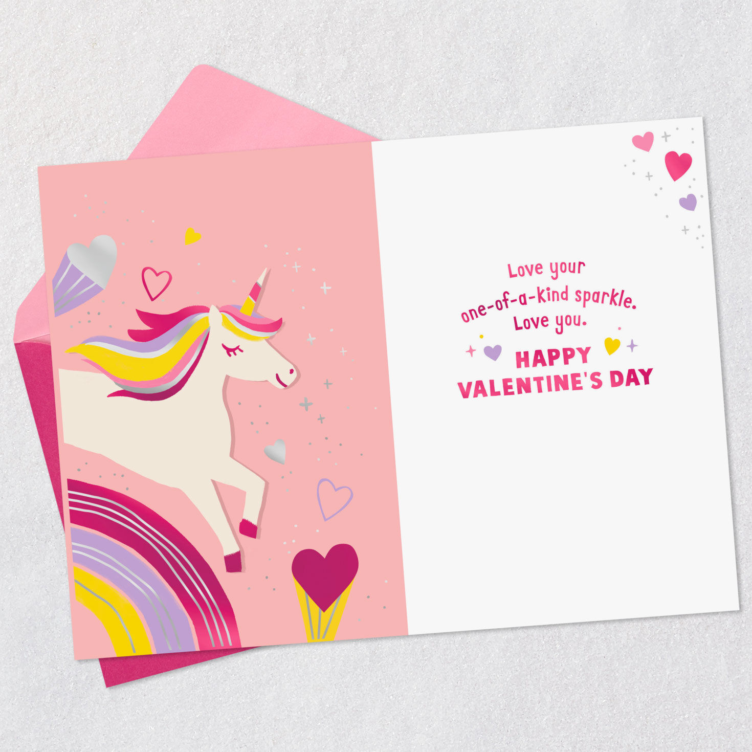 Unicorn and Hearts Great-Granddaughter Valentine's Card Open card with envelope image number 3