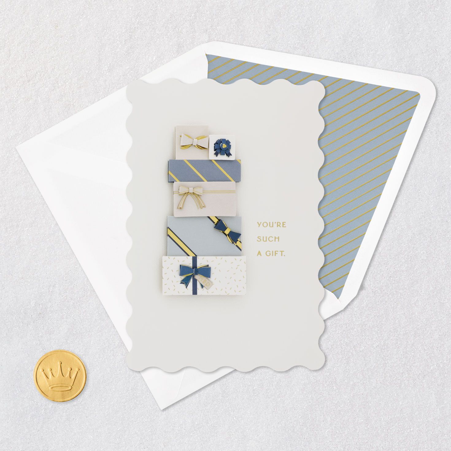 Stack of Blue and Pink Presents Birthday Card Card Front with Envelope and Gold Seal image number 5
