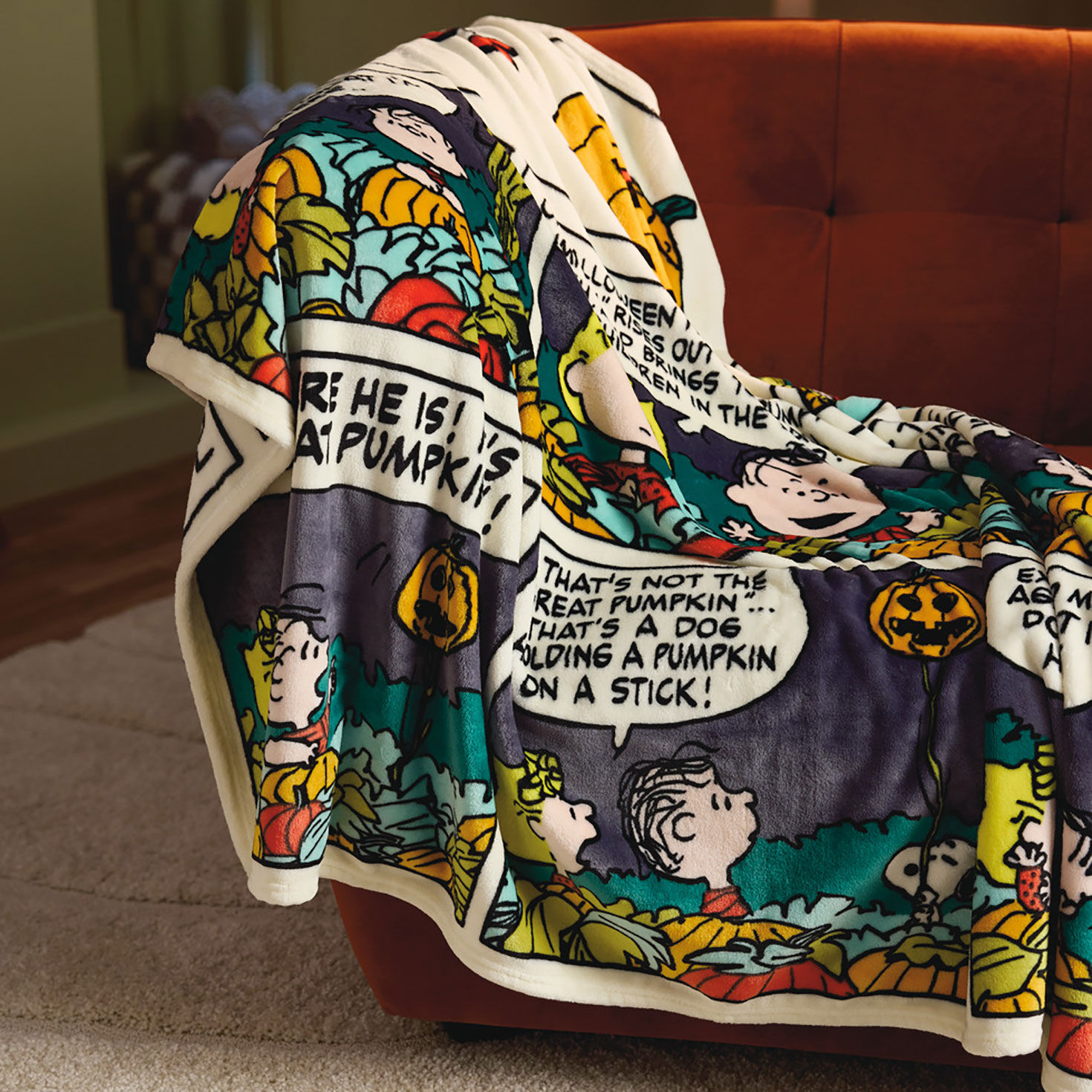 Peanuts&reg; Great Pumpkin Comic Strip Throw Blanket in use image number 2
