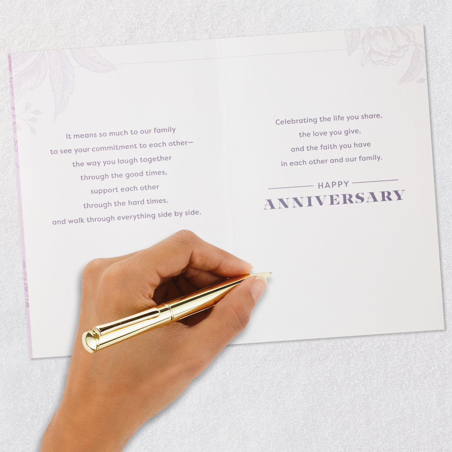 Purple Botanical Anniversary Card for Couple signing card image number 7