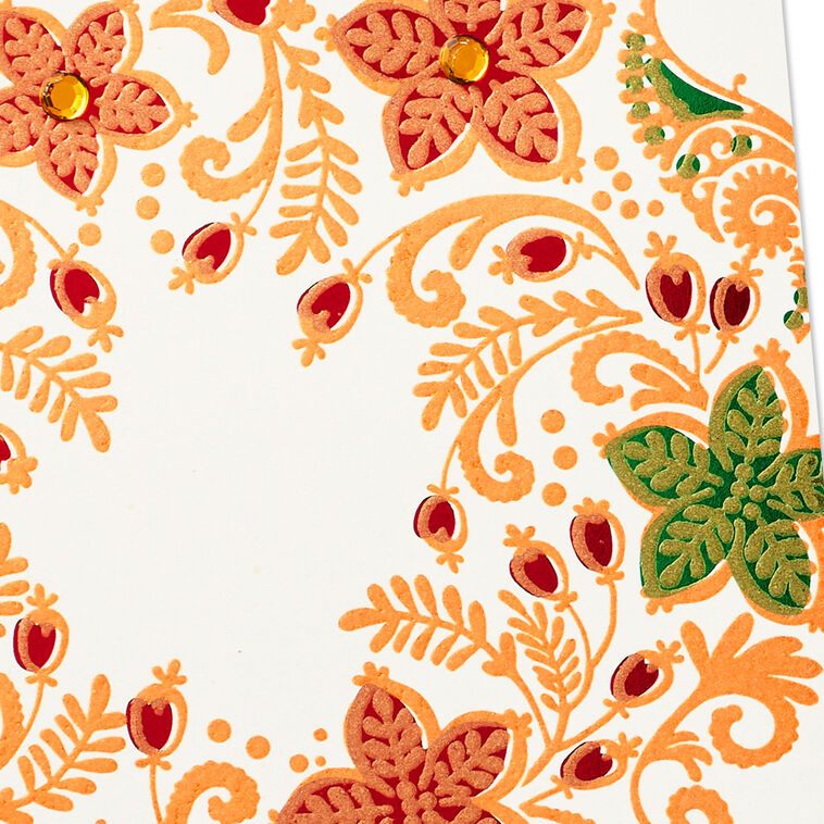 Red, Green and Gold Floral Wreath Christmas Card Card Front Detail image number 6