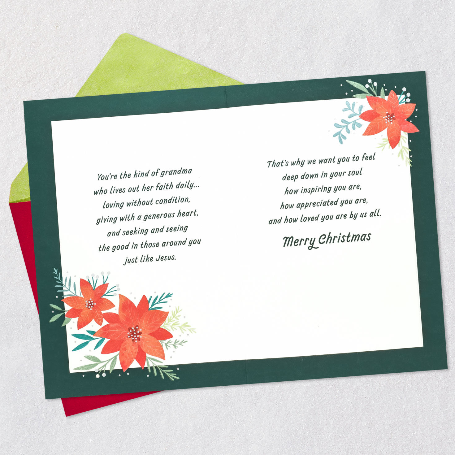 Pink Poinsettias on Emerald Green Christmas Card for Grandma Open card with envelope image number 4
