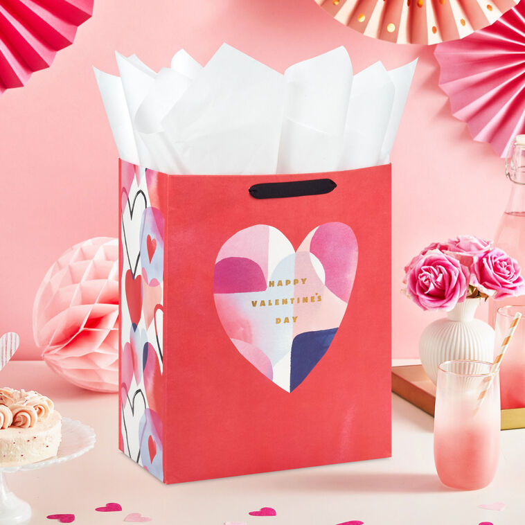 13" Abstract Heart on Red Large Valentine's Day Gift Bag With Tissue Paper, , large image number 2