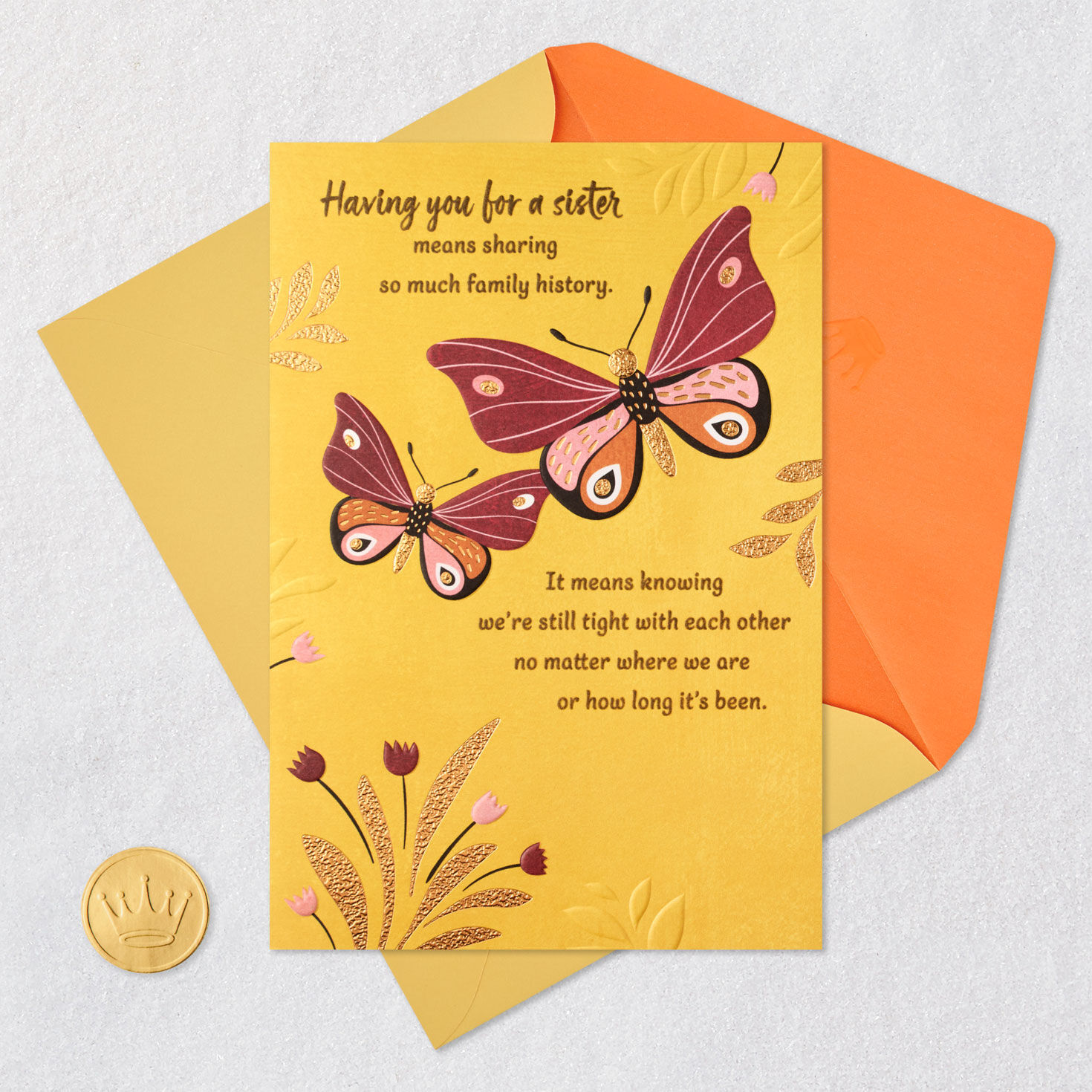 Butterflies and Flowers on Yellow Card for Sister Card Front with Envelope and Gold Seal image number 7