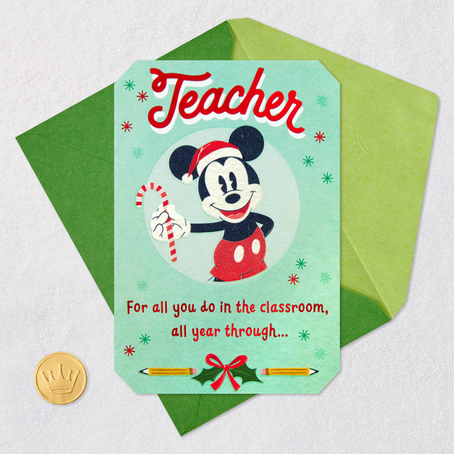 Santa Mickey Mouse Christmas Card for Teacher From Kids Card Front with Envelope and Gold Seal image number 5