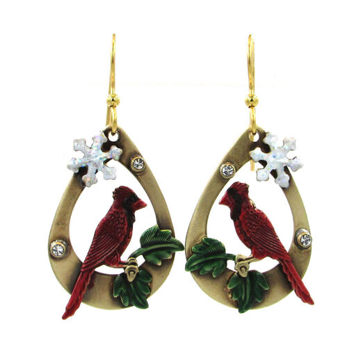 Silver Forest Cardinal on Gold Metal Teardrop Earrings, 