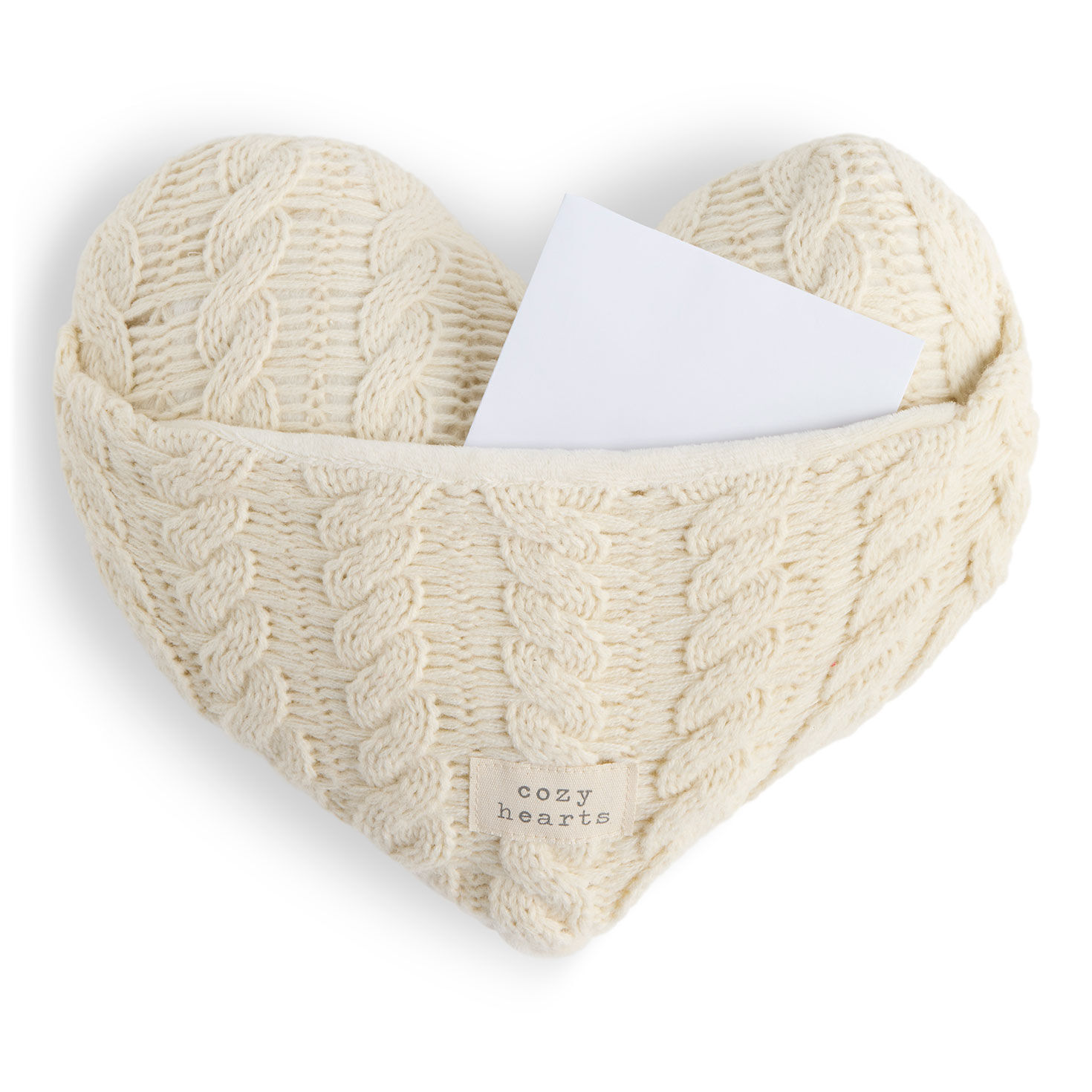 Cream Cable Knit Heart Pillow With Pocket in use image number 2