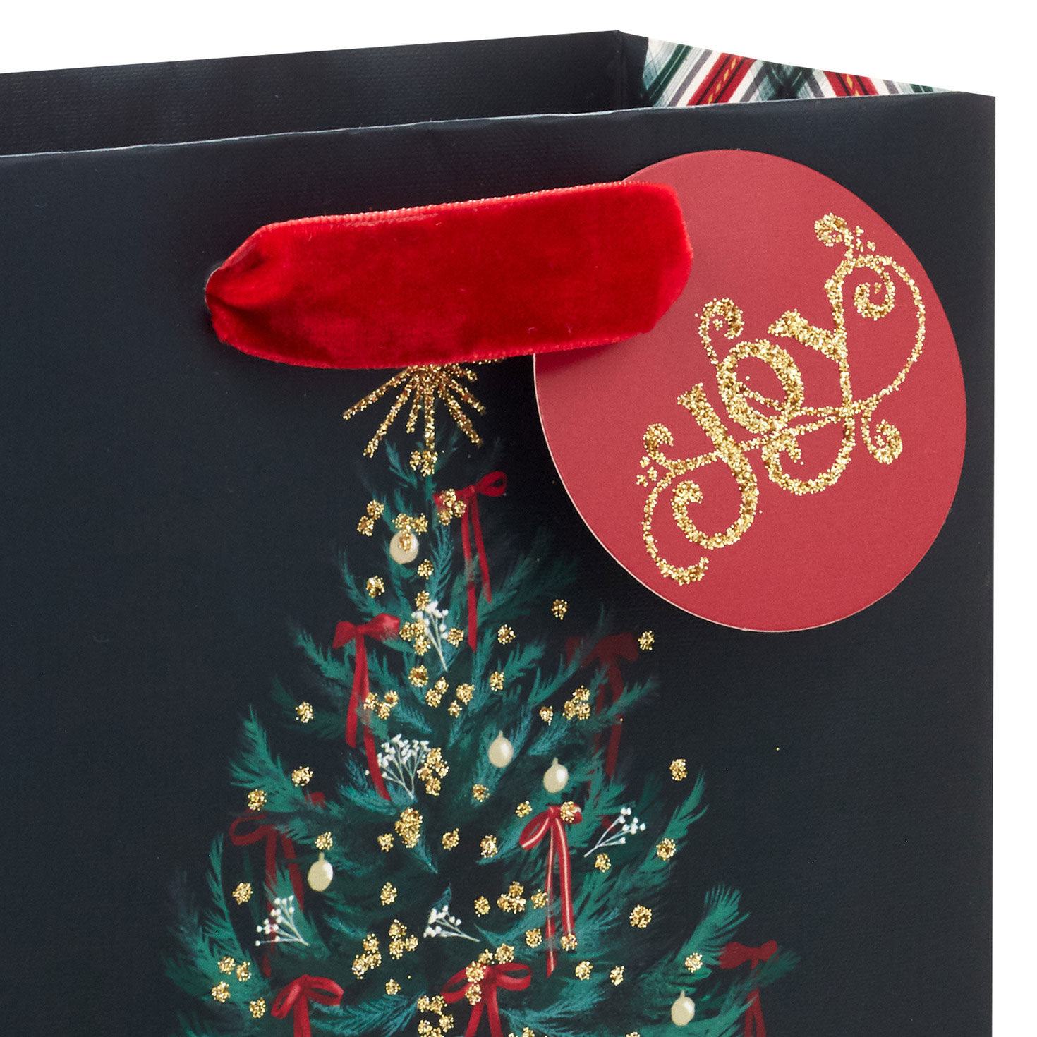 Illustrated Christmas Tree on Black Small Gift Bag Handle Detail image number 4
