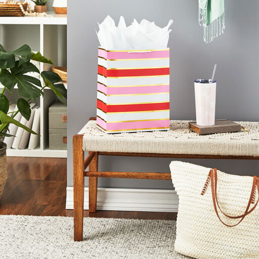 13" Pink Stripes on White Gift Bag, 