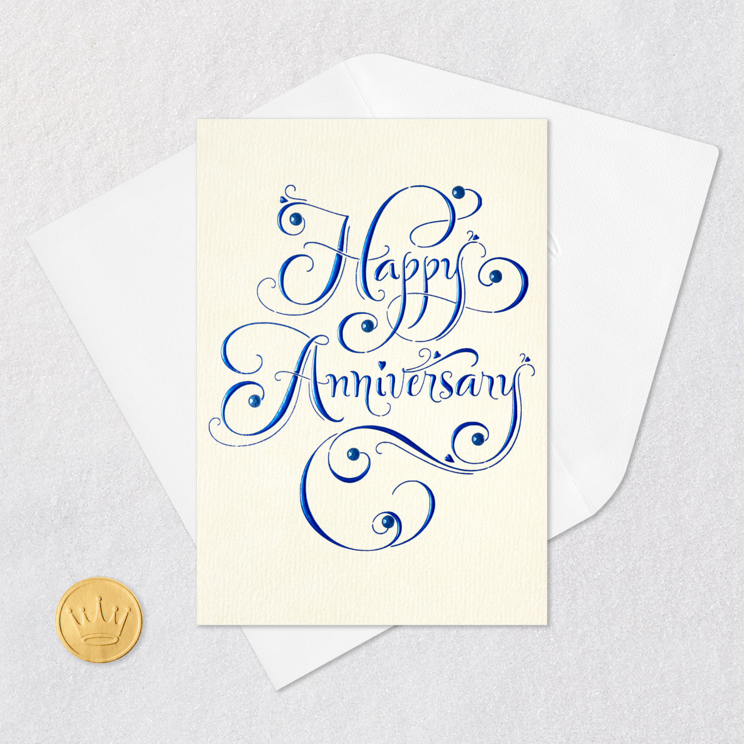 Elegant Blue Script and Hearts Happy Anniversary Card Card Front with Envelope and Gold Seal image number 5