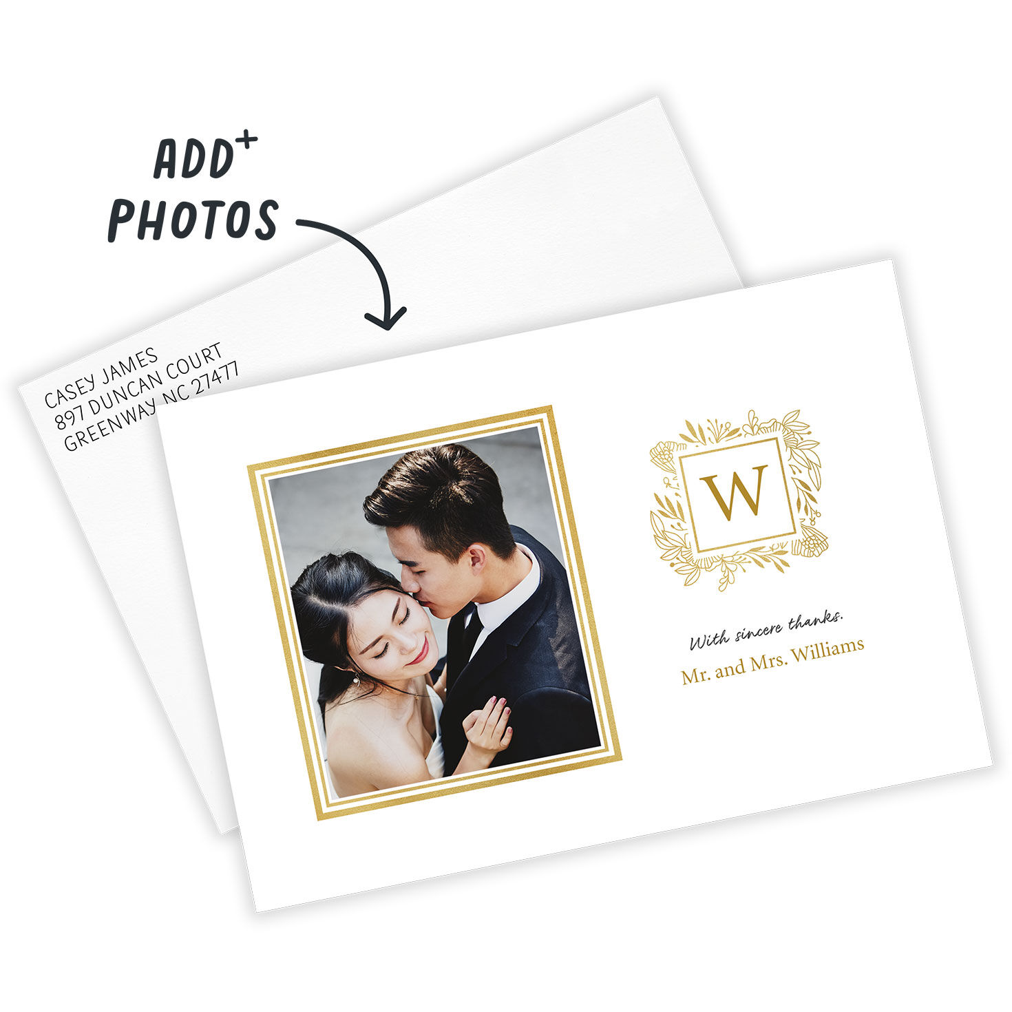 Initial Leaf Border Personalized Wedding Thank You Card Front indicating personalization image number 2