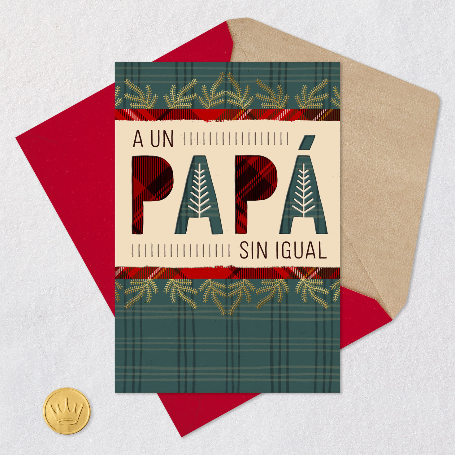 Plaid Evergreen Patterns Spanish Christmas Card for Dad Card Front with Envelope and Gold Seal image number 6