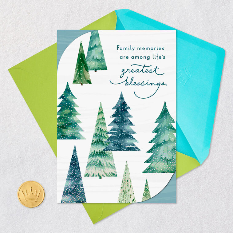 Watercolor Trees Family Christmas Card Card Front with Envelope and Gold Seal image number 5