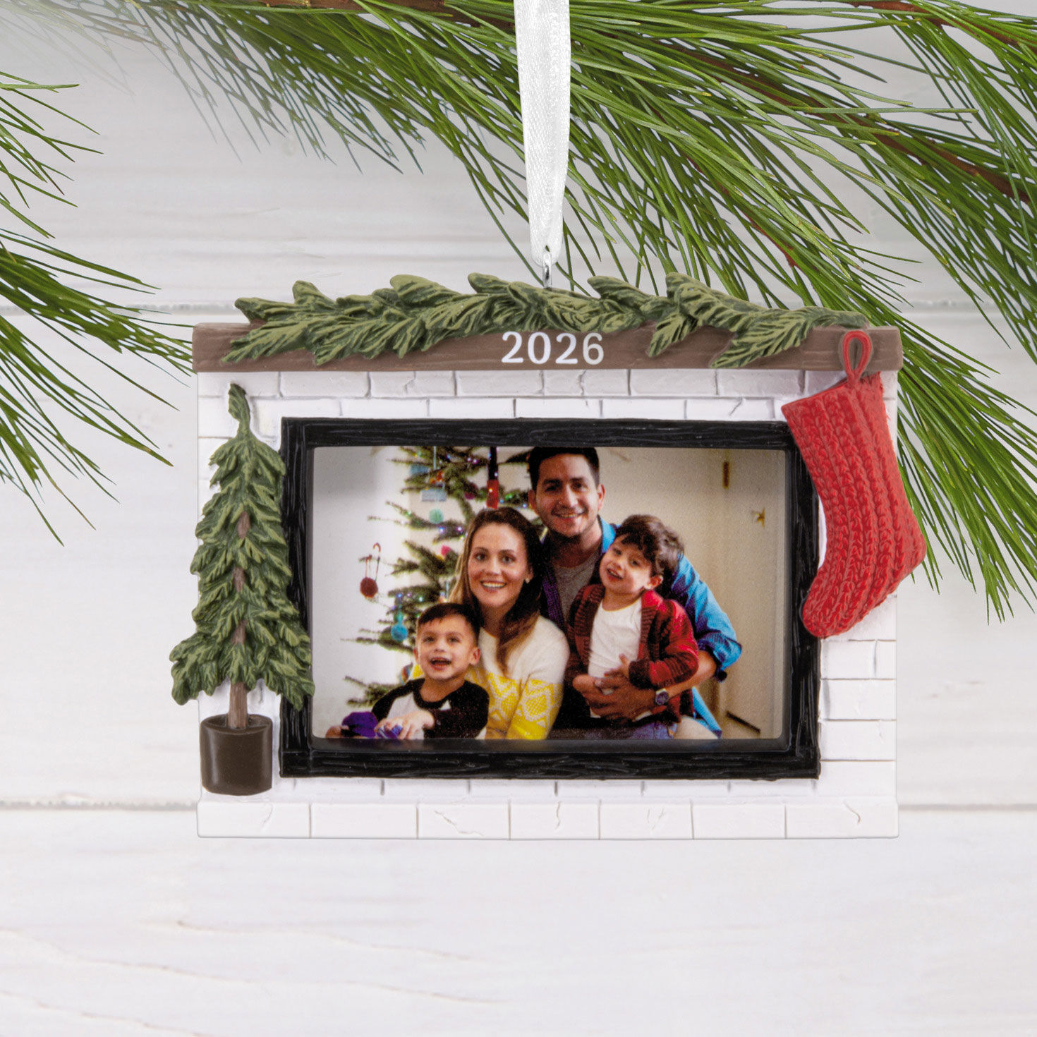 Rustic Fireplace Photo Frame Christmas Ornament hanging on tree image number 2