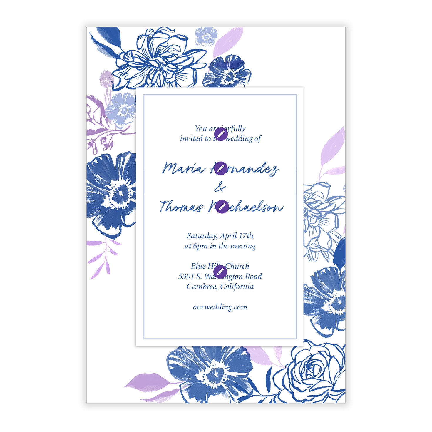 Blue Flower Drawings Personalized Wedding Invitation Card Front indicating personalization image number 5