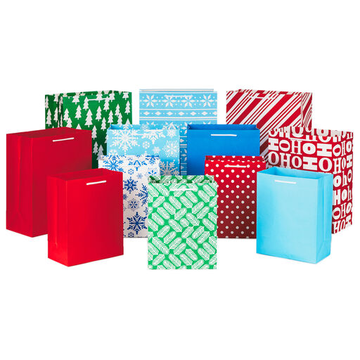 Assorted Sizes and Designs 12-Pack Christmas Gift Bags, 