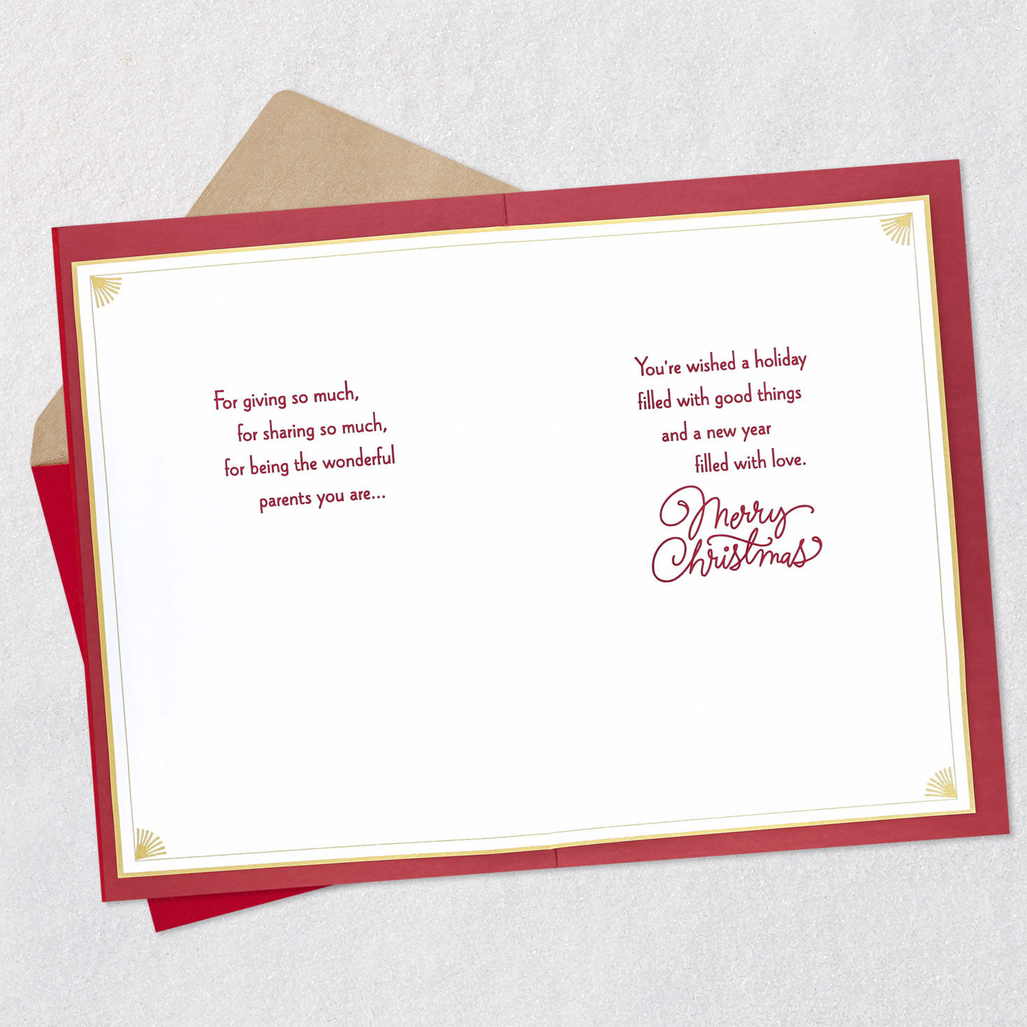 Gold Pines on Red Christmas Card for Mom and Dad Open card with envelope image number 4