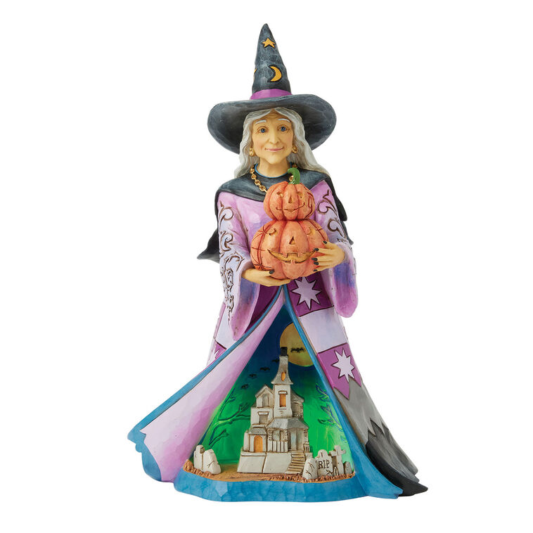 Jim Shore Witch and Pumpkins Light-Up Figurine, 8.27" H