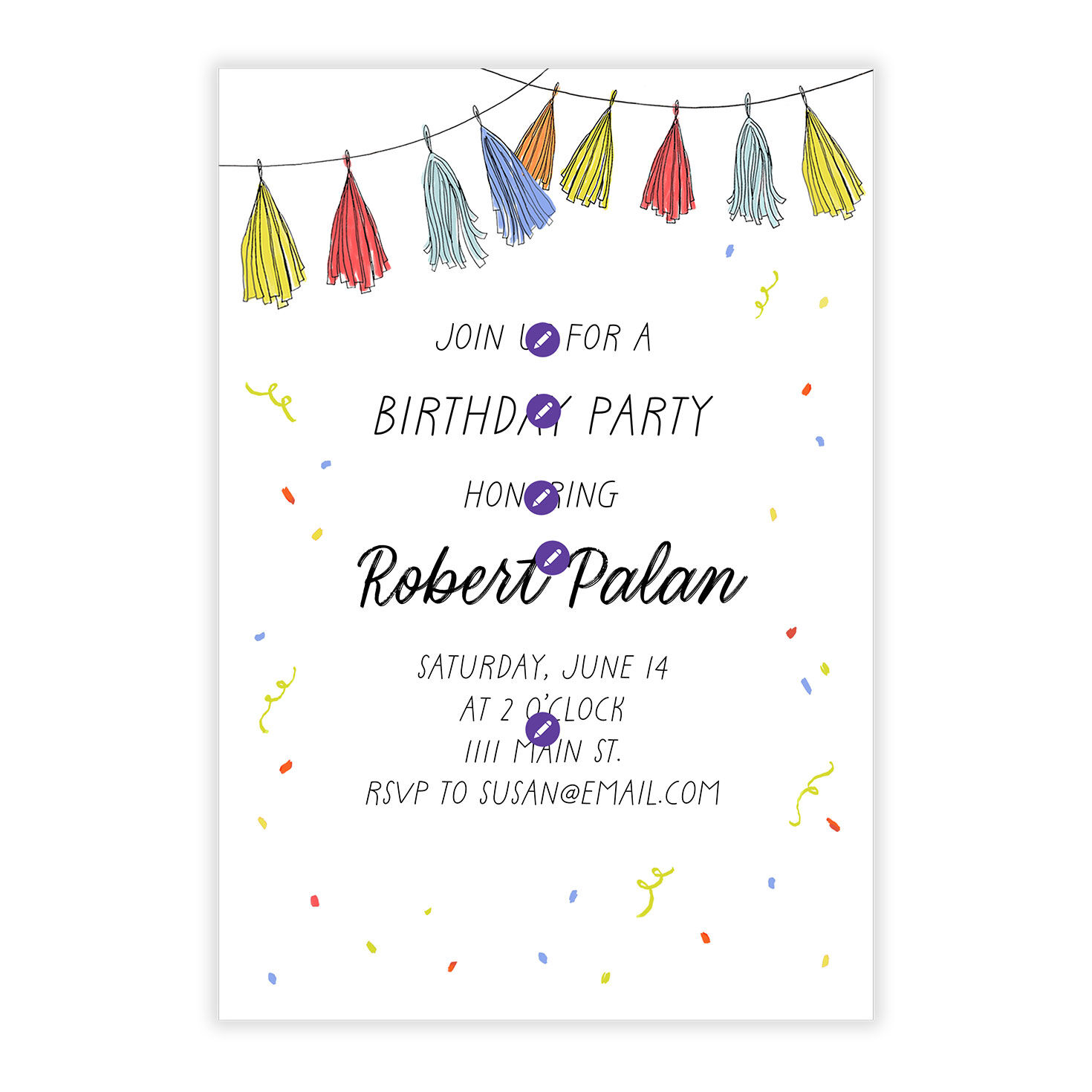 Colored Tassels Garland Personalized Party Invite Card Front indicating personalization image number 5