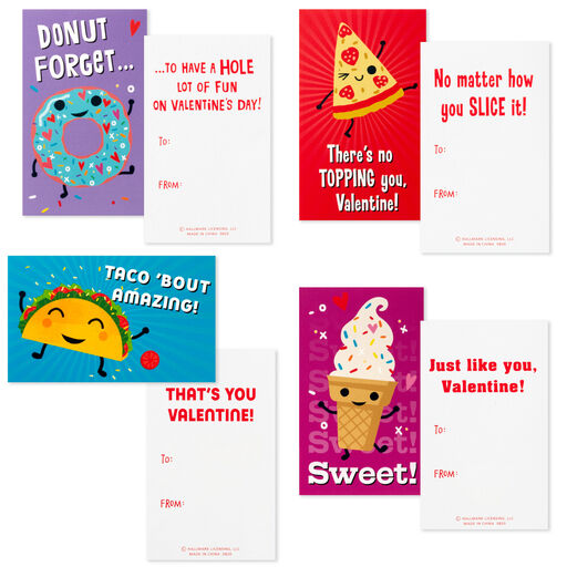 Punny Foods Kids Classroom Valentines Set With Cards, Stickers and Mailbox, 