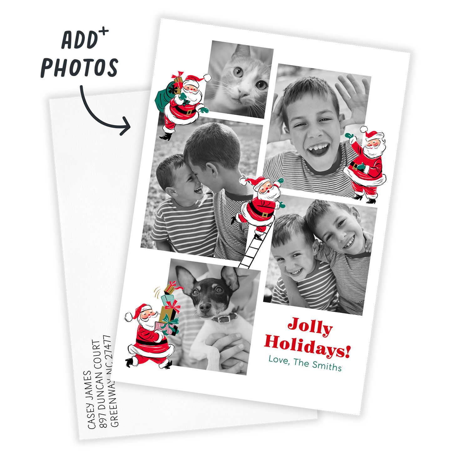 Vintage Santas Personalized Christmas Photo Card Card Front indicating personalization image number 2
