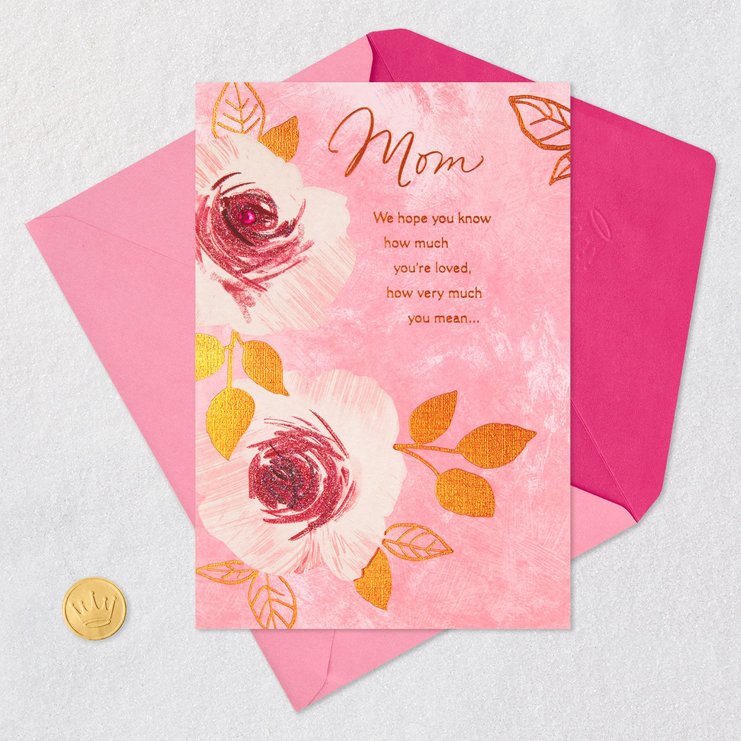 Brushstroke Roses on Pink Mother's Day Card From Us Card Front with Envelope and Gold Seal image number 5