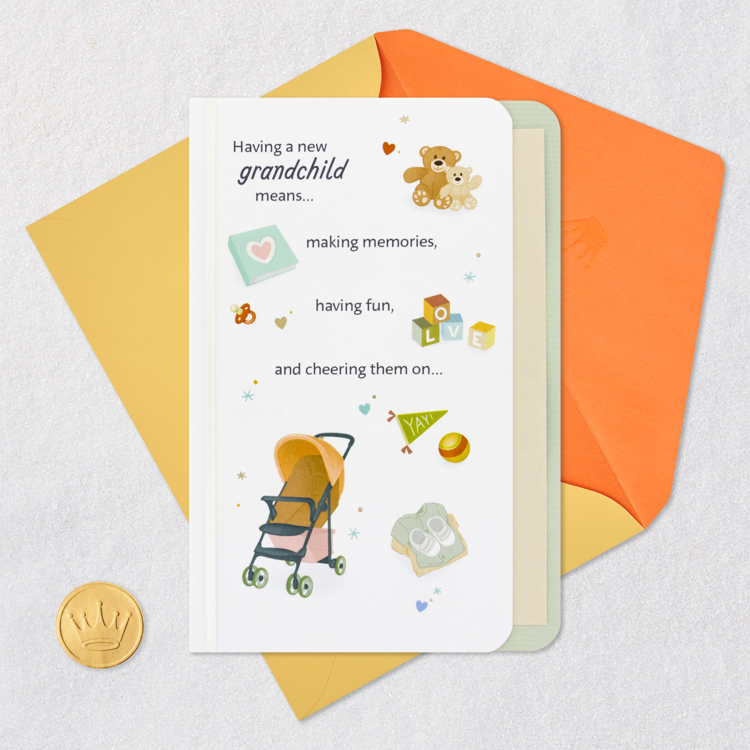 Baby Icons New Baby Card for Grandparents Card Front with Envelope and Gold Seal image number 6