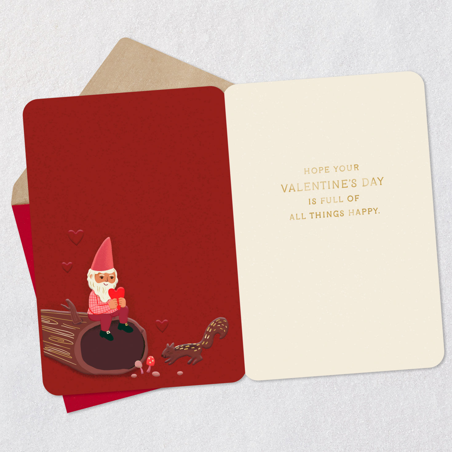 Dark Red Gnome and Mushroom Valentine's Day Card Open card with envelope image number 3
