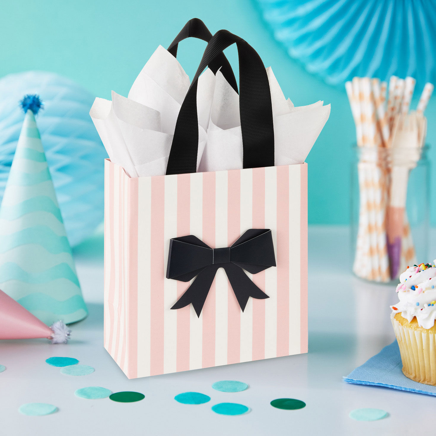 Pink Stripes With Black Bow Small Square Gift Bag in use image number 2