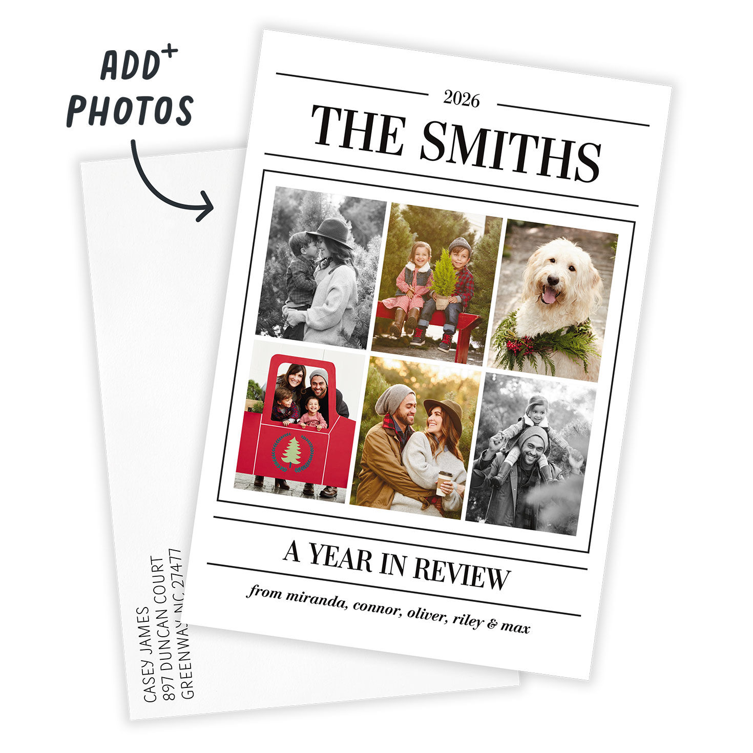 Black White Collage Personalized Holiday Photo Card Card Front indicating personalization image number 2