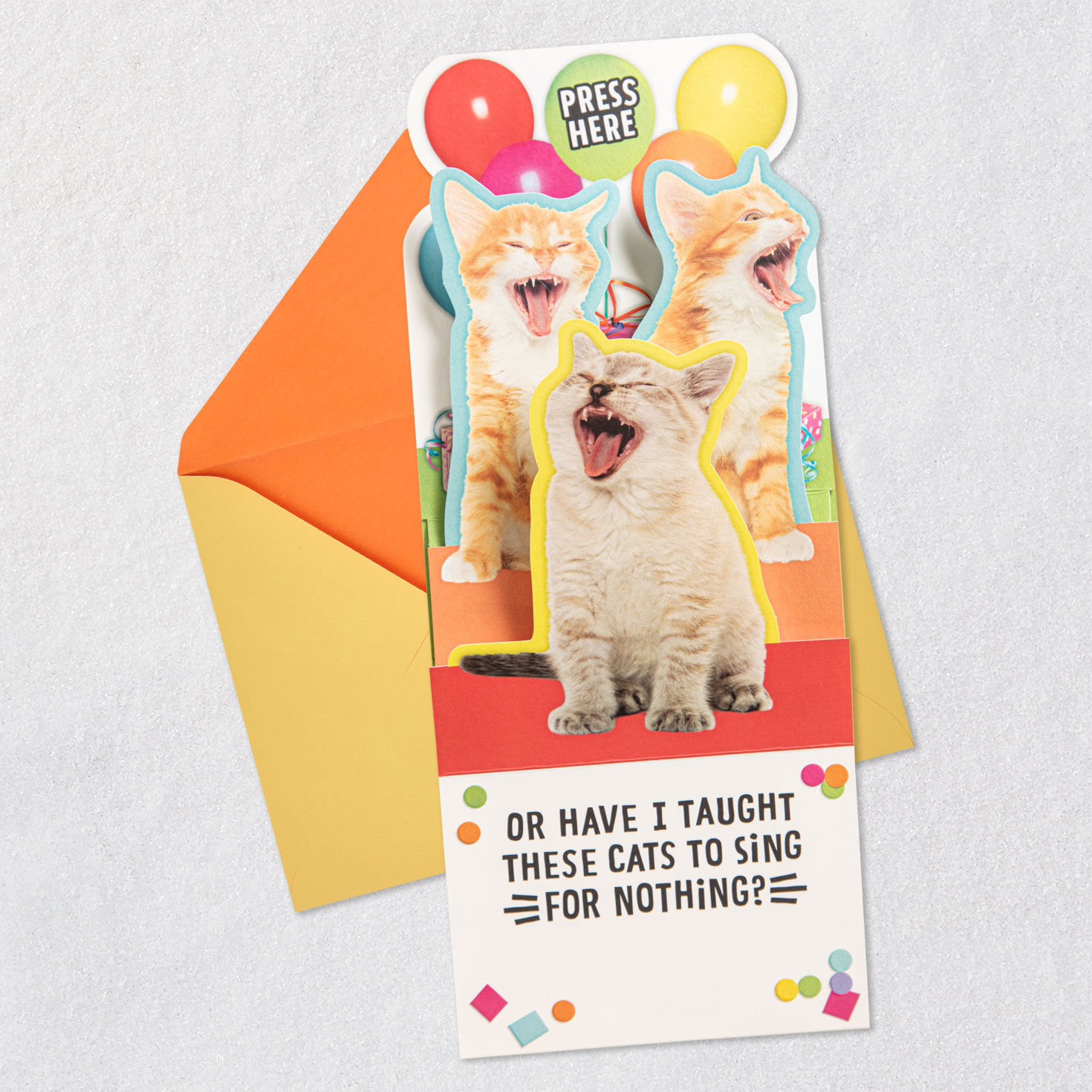 Meowing Cats Funny Musical Pop-Up Birthday Card Open card with envelope image number 2