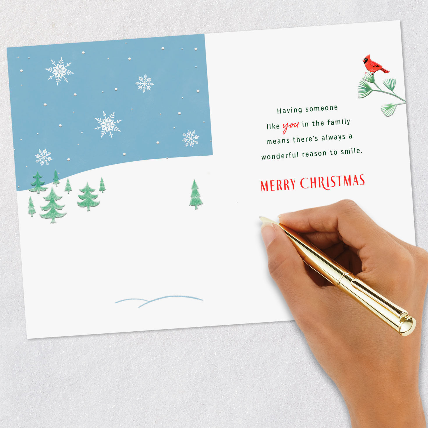 Snowman on Blue Christmas Card for Great-Grandson Signing card image number 6