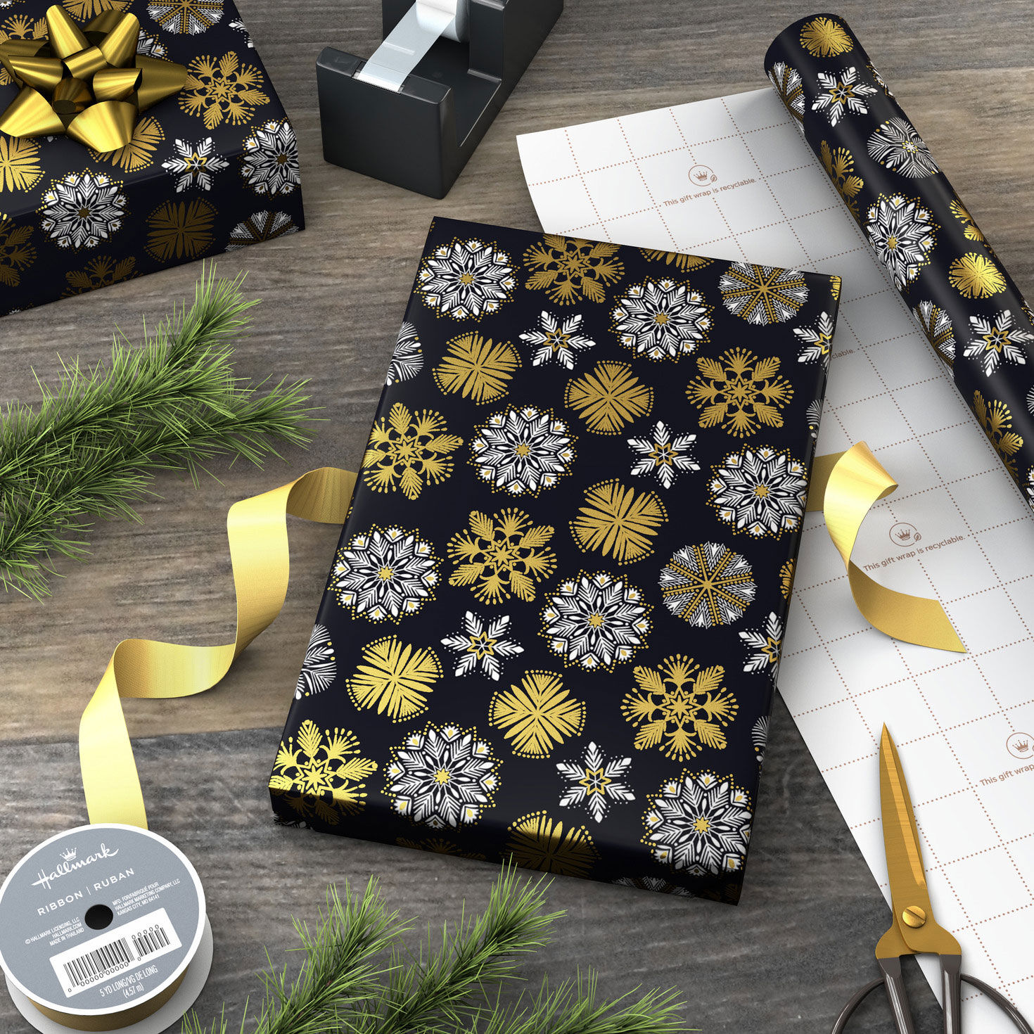 White and Gold Snowflakes on Black Wrapping Paper  image number 3