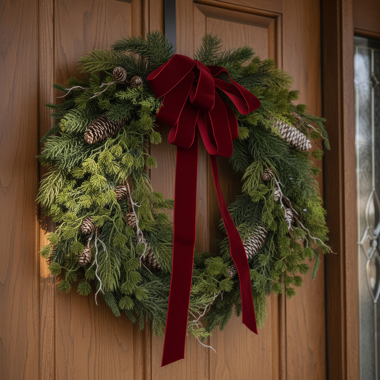 24 in Natural Pine Christmas Wreath with Red Velvet Bow  image number 2