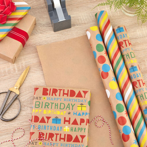 Primary Birthday 3-Pack Kraft Wrapping Paper, 105 sq. ft. total, 
