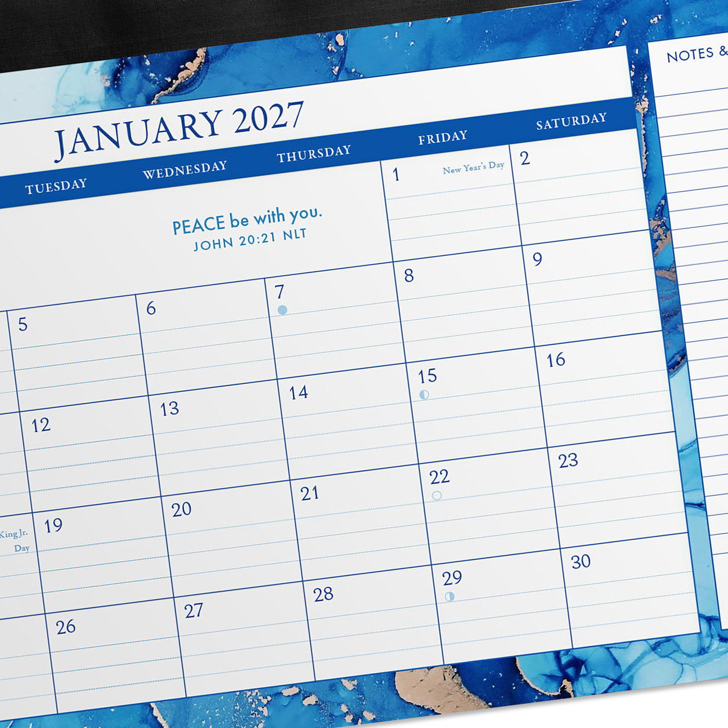Blue and Gold Foil Marbled 2027 Desk Pad Calendar upclose view image number 4