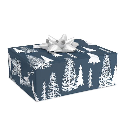 White Trees on Dark Blue Holiday Wrapping Paper, 40 sq. ft., 