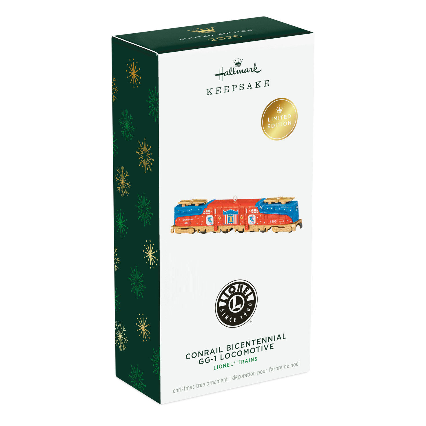 Lionel Red Blue Gold Train Engine Ornament package front image number 7