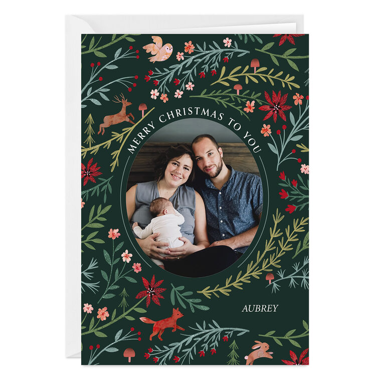 Colorful Woodland on Green Custom Christmas Card
