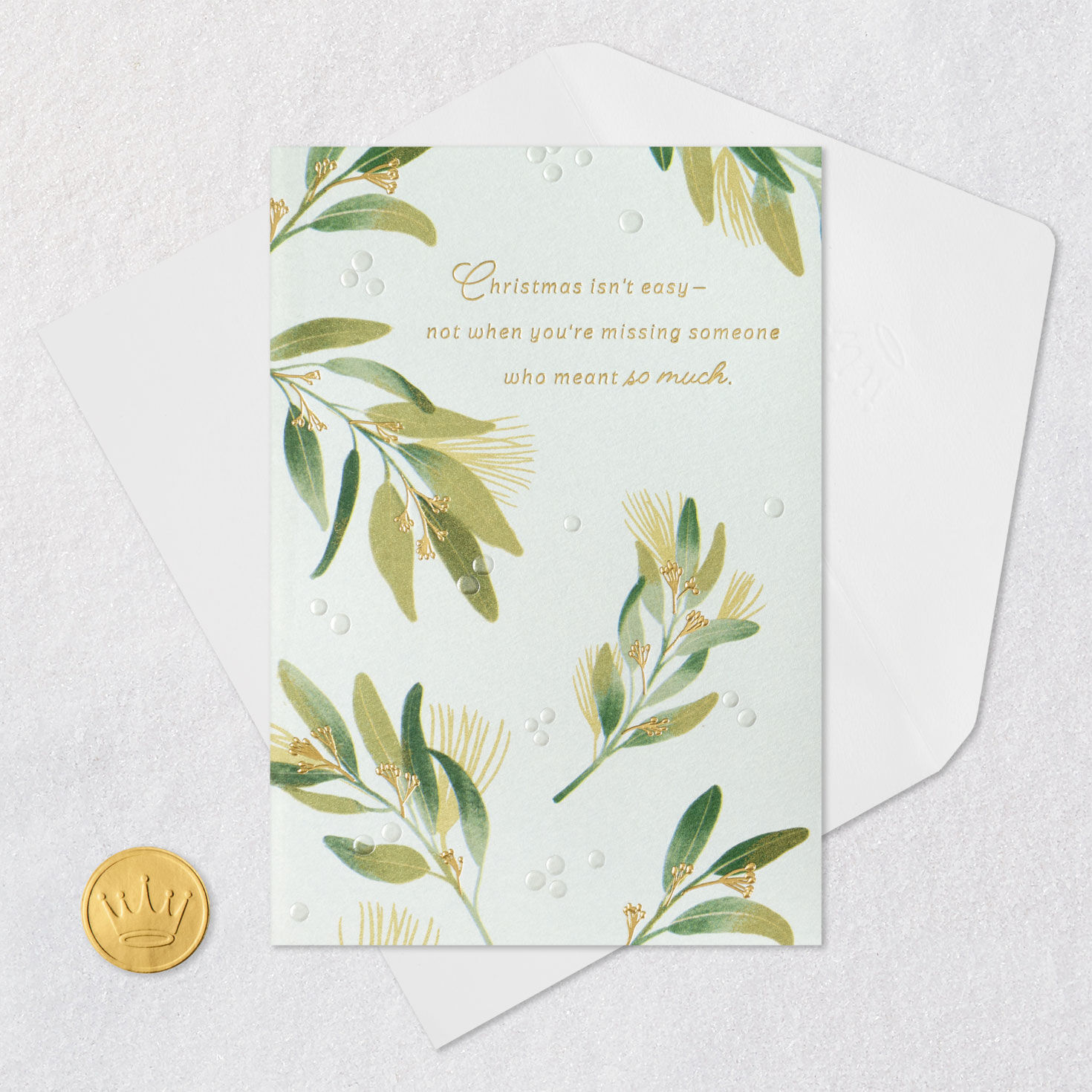 Eucalyptus Boughs on Gray Christmas Sympathy Card Card Front with Envelope and Gold Seal image number 6