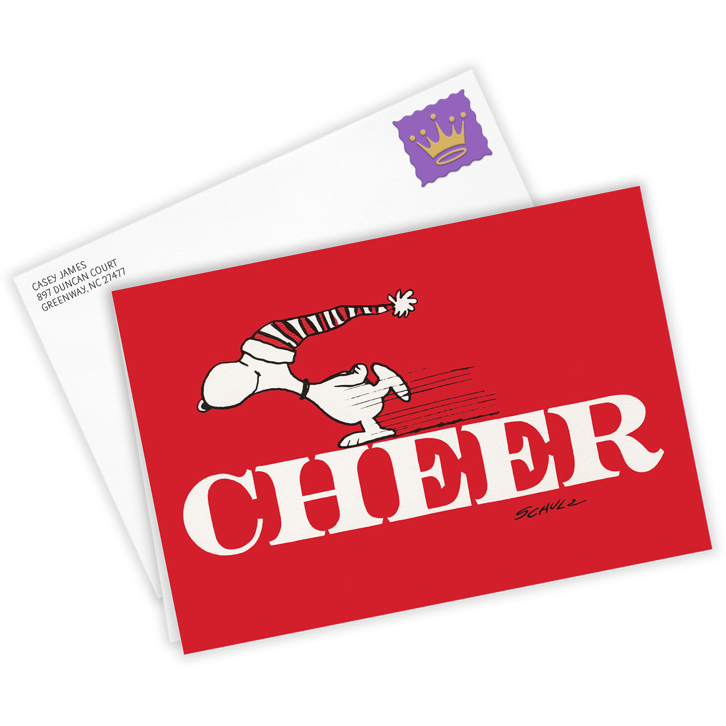 Snoopy Skating on Cheer Personalized Holiday Card Card  front with Envelope  image number 2