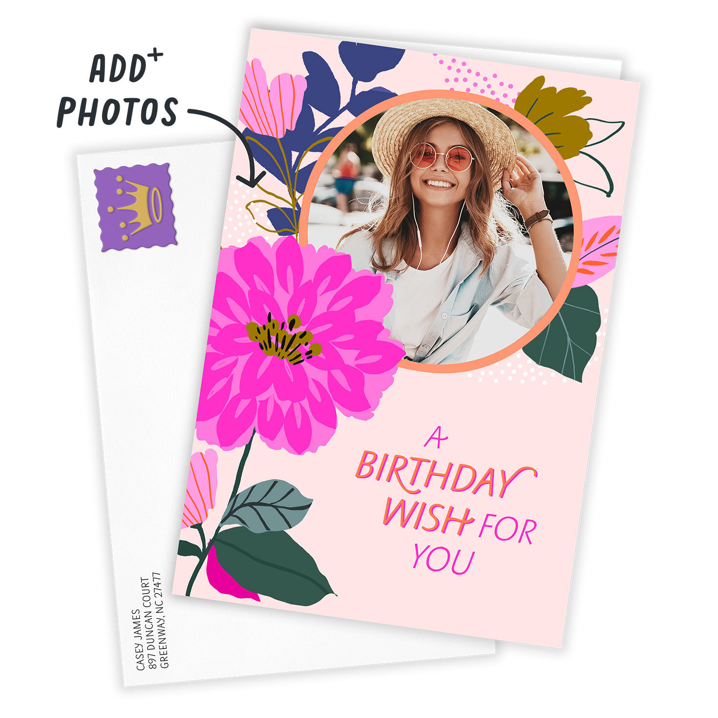 Modern Pink Flowers Personalized Birthday Card Card Front indicating personalization image number 2