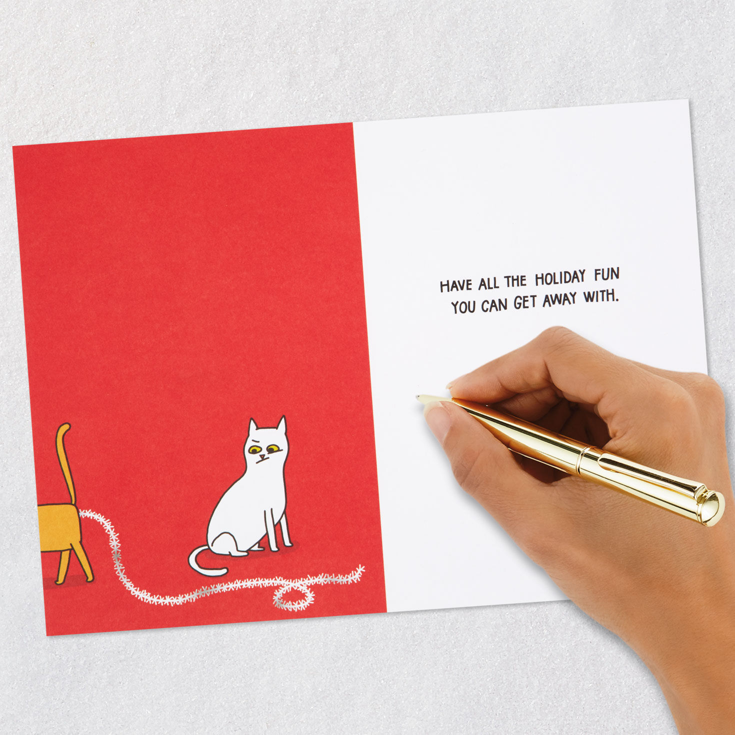 Two Cats with Tree and Tinsel Red Christmas Card Signing card image number 6