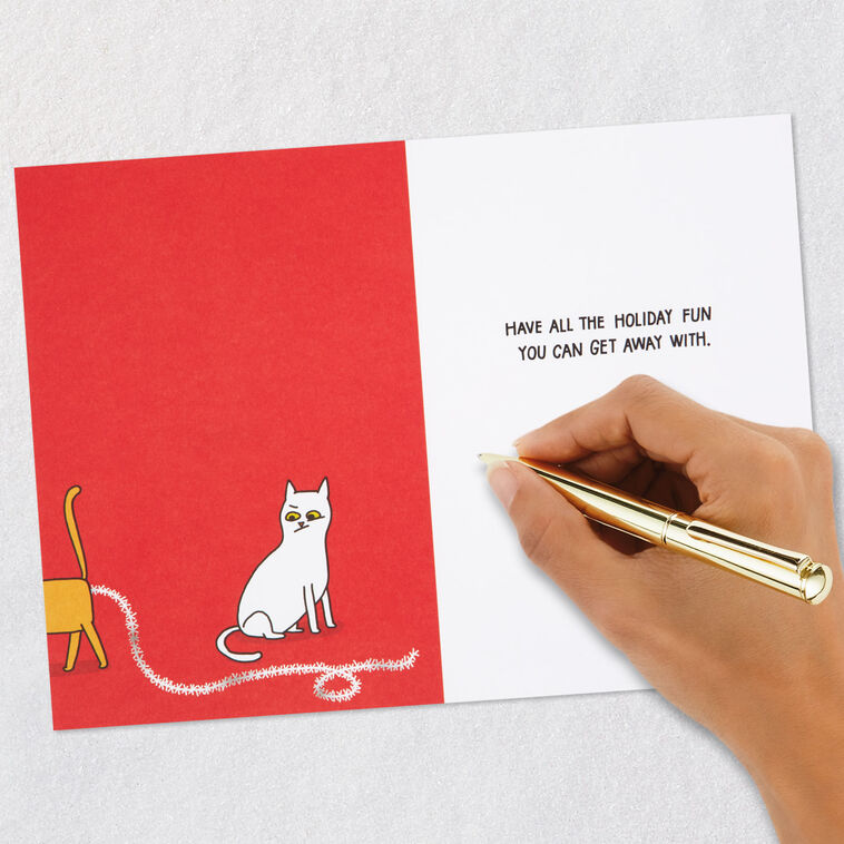 Two Cats with Tree and Tinsel Red Christmas Card Signing card image number 6
