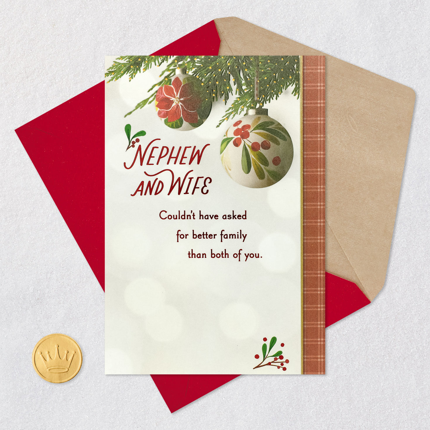 Floral Ornaments Christmas Card for Nephew and Wife Card Front with Envelope and Gold Seal image number 5